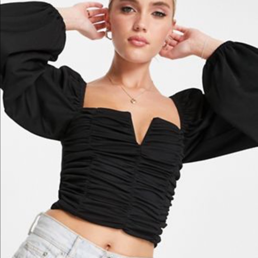 ASOS DESIGN v bar volume sleeve top with ruching in black